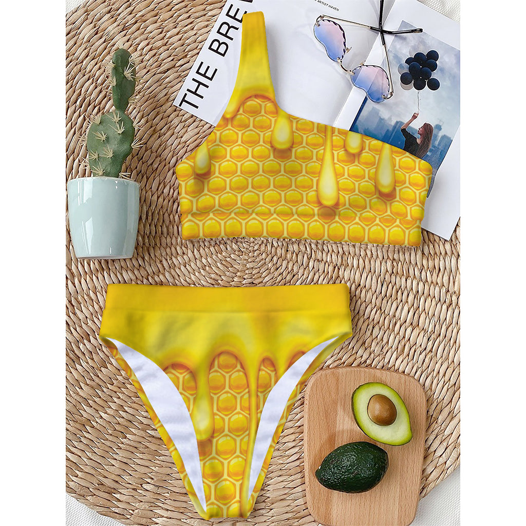 Sweet Honey Bee Hive Print One Shoulder Bikini Top