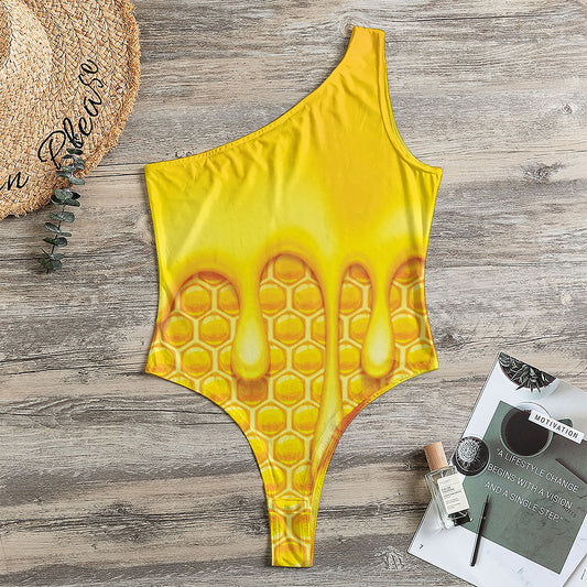Sweet Honey Bee Hive Print One Shoulder Bodysuit