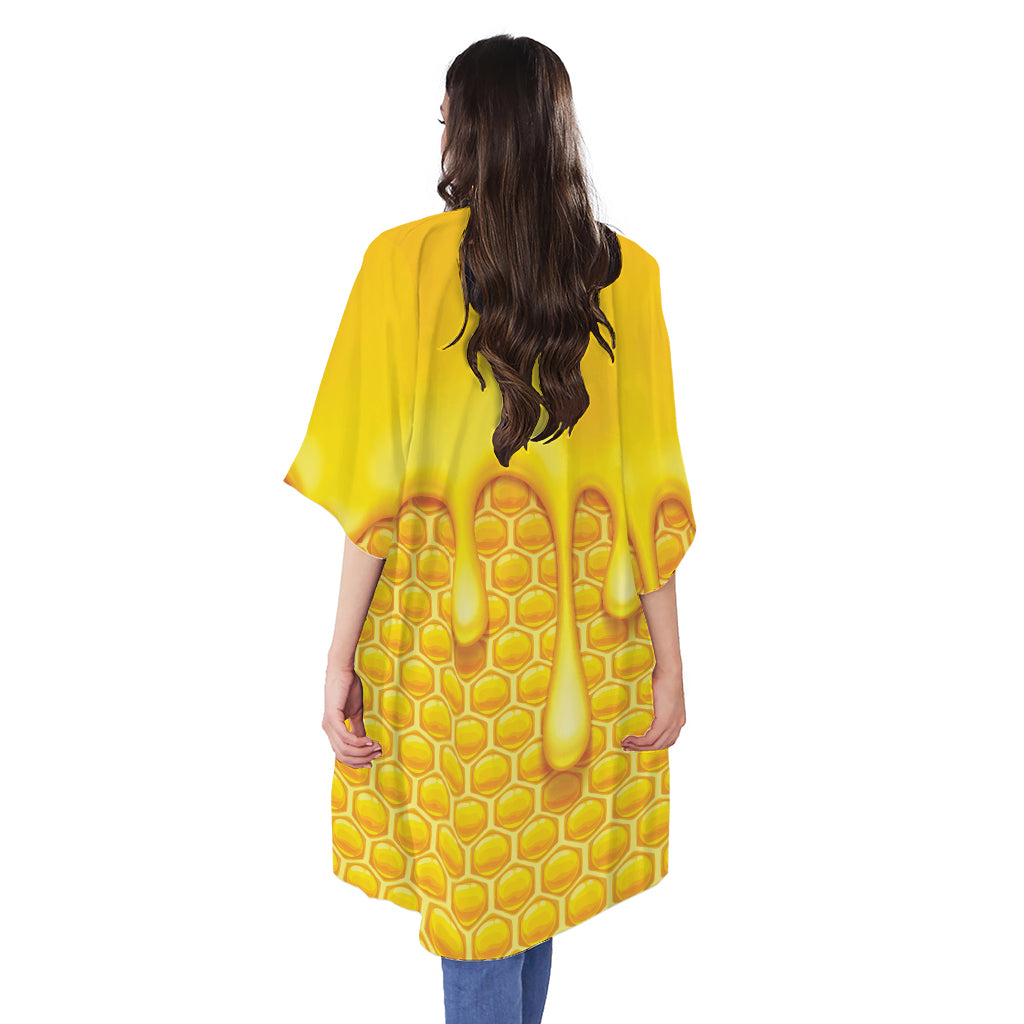 Sweet Honey Bee Hive Print Open Front Beach Cover Up