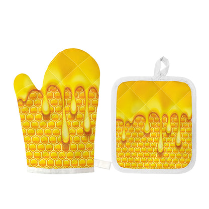 Sweet Honey Bee Hive Print Oven Mitt And Pot Holder Set