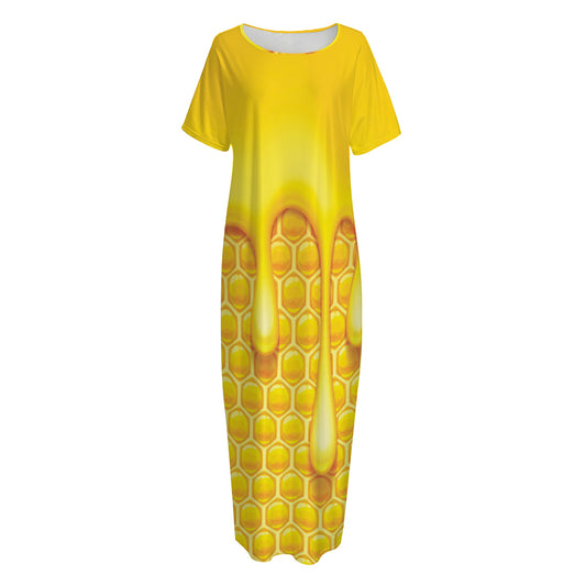 Sweet Honey Bee Hive Print Short Sleeve Long Nightdress