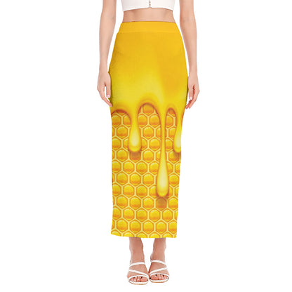 Sweet Honey Bee Hive Print Side Slit Maxi Skirt