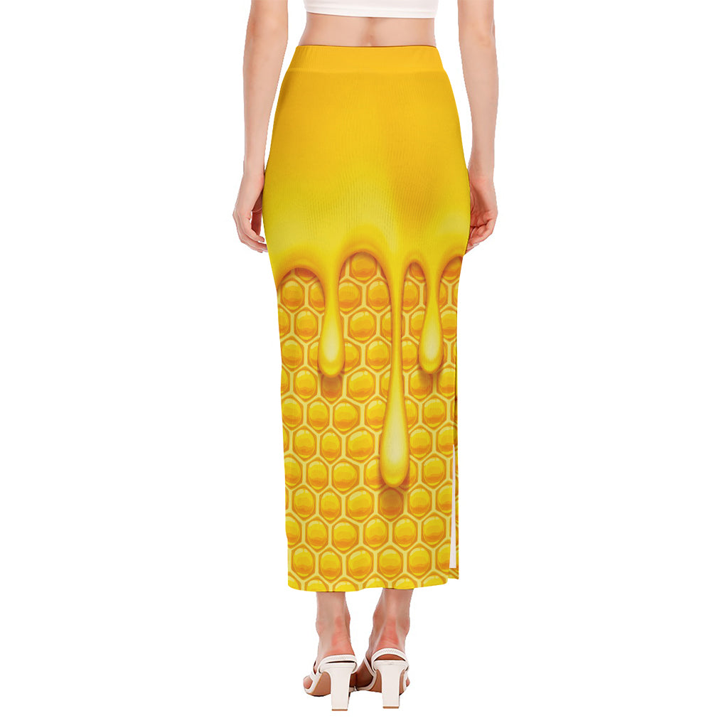 Sweet Honey Bee Hive Print Side Slit Maxi Skirt
