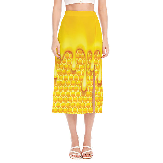 Sweet Honey Bee Hive Print Side Slit Midi Skirt