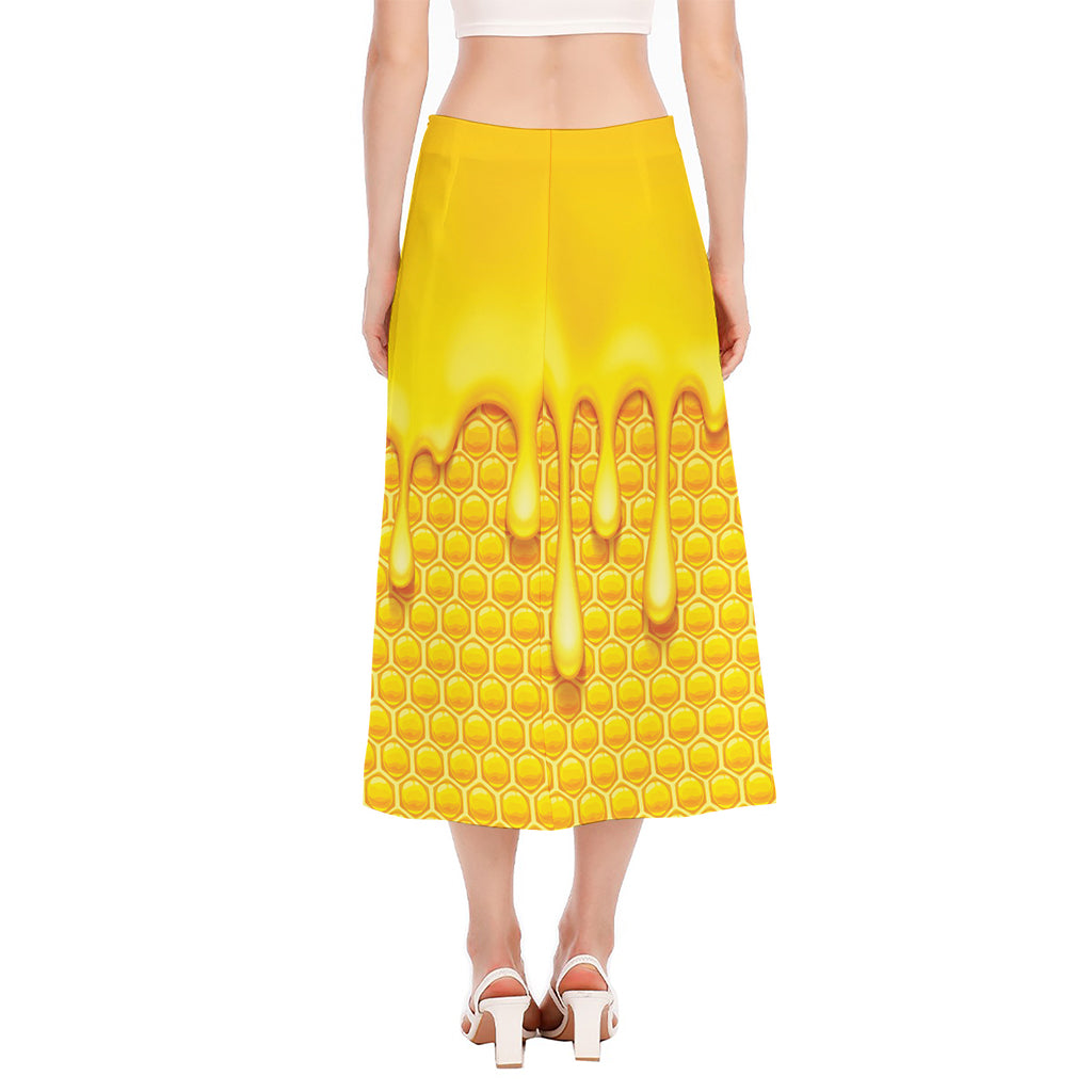 Sweet Honey Bee Hive Print Side Slit Midi Skirt