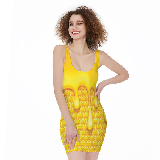 Sweet Honey Bee Hive Print Sleeveless Bodycon Dress