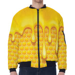 Sweet Honey Bee Hive Print Zip Sleeve Bomber Jacket