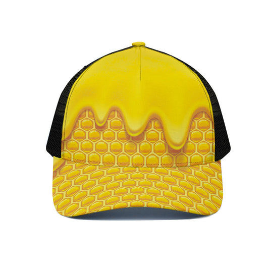 Sweet Honey Honeycomb Print Black Mesh Trucker Cap