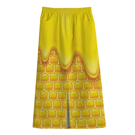 Sweet Honey Honeycomb Print Cotton Front Slit Maxi Skirt