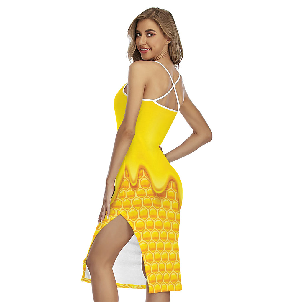 Sweet Honey Honeycomb Print Cross Back Cami Dress