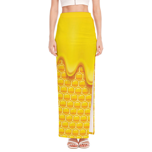 Sweet Honey Honeycomb Print High Slit Maxi Skirt