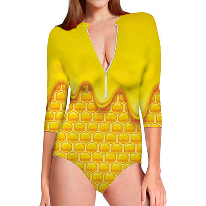 Sweet Honey Honeycomb Print Long Sleeve Swimsuit