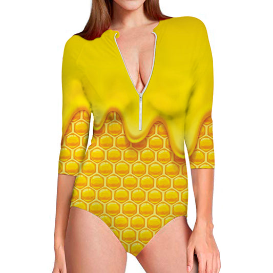 Sweet Honey Honeycomb Print Long Sleeve Swimsuit