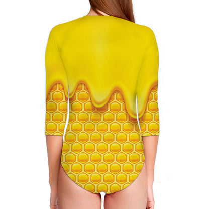 Sweet Honey Honeycomb Print Long Sleeve Swimsuit
