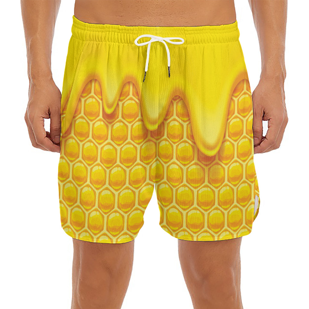 Sweet Honey Honeycomb Print Men's Split Running Shorts