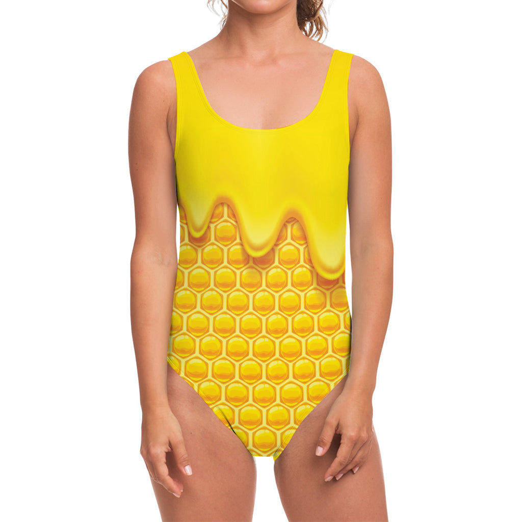 Sweet Honey Honeycomb Print One Piece Swimsuit