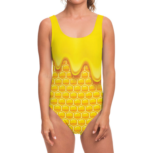 Sweet Honey Honeycomb Print One Piece Swimsuit