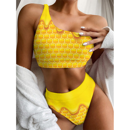 Sweet Honey Honeycomb Print One Shoulder Bikini Top