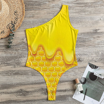 Sweet Honey Honeycomb Print One Shoulder Bodysuit