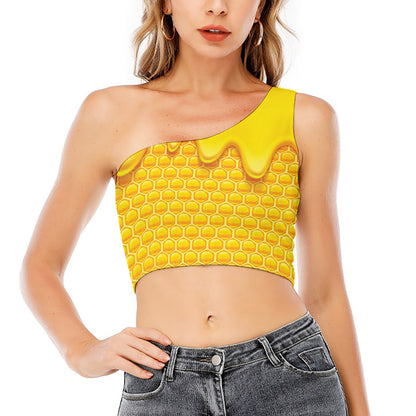 Sweet Honey Honeycomb Print One Shoulder Crop Top