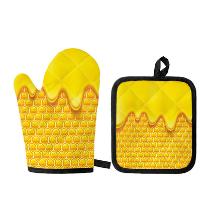 Sweet Honey Honeycomb Print Oven Mitt And Pot Holder Set