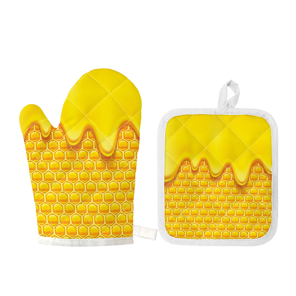 Sweet Honey Honeycomb Print Oven Mitt And Pot Holder Set