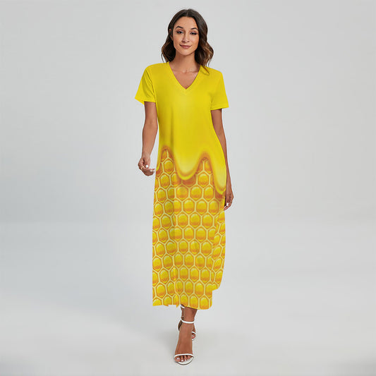Sweet Honey Honeycomb Print Short Sleeve Maxi Dress