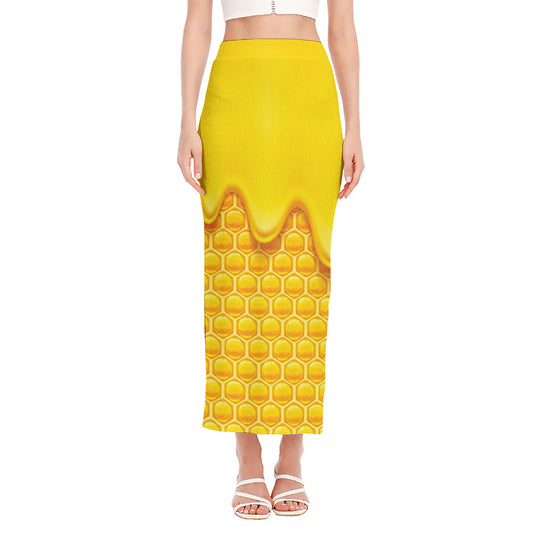 Sweet Honey Honeycomb Print Side Slit Maxi Skirt
