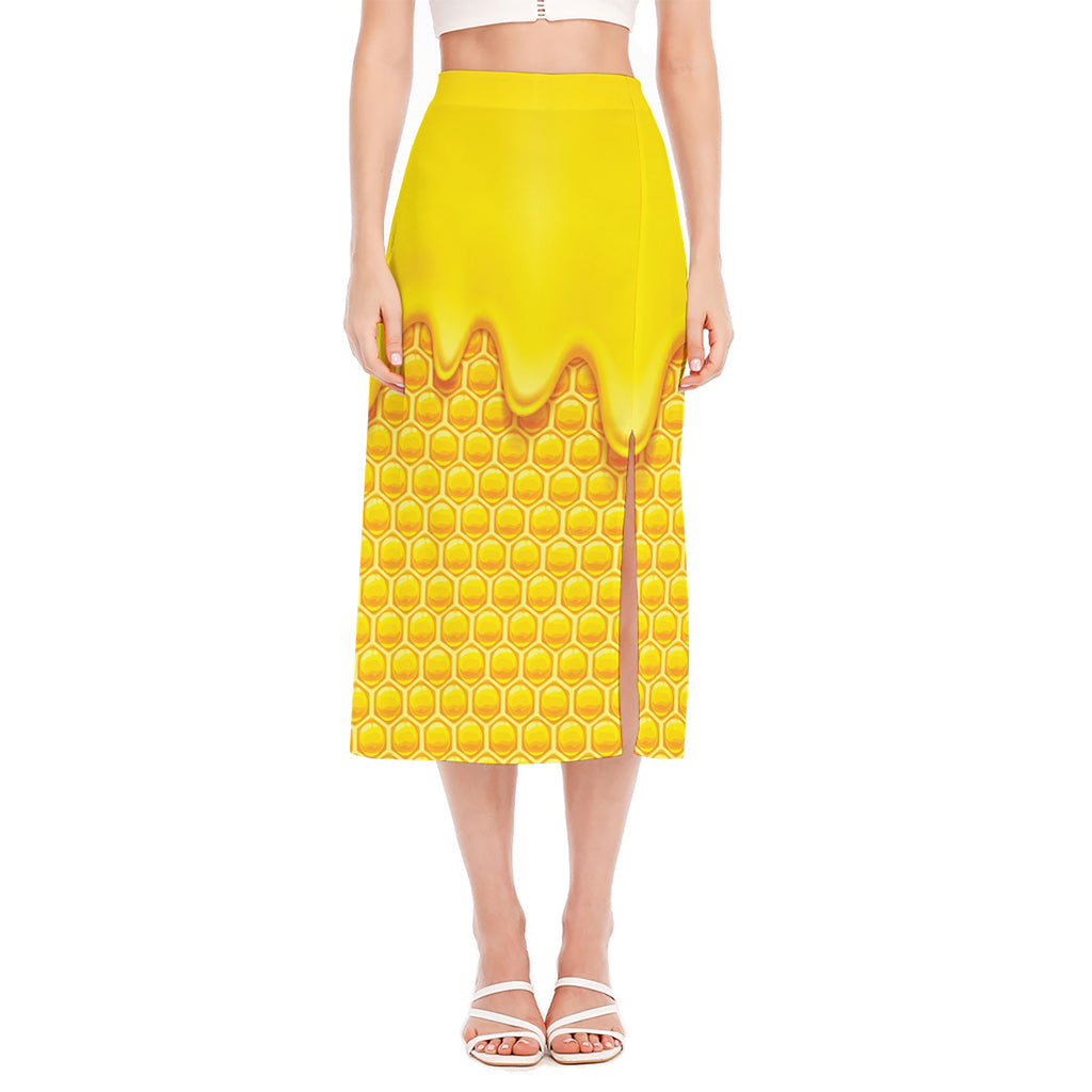 Sweet Honey Honeycomb Print Side Slit Midi Skirt