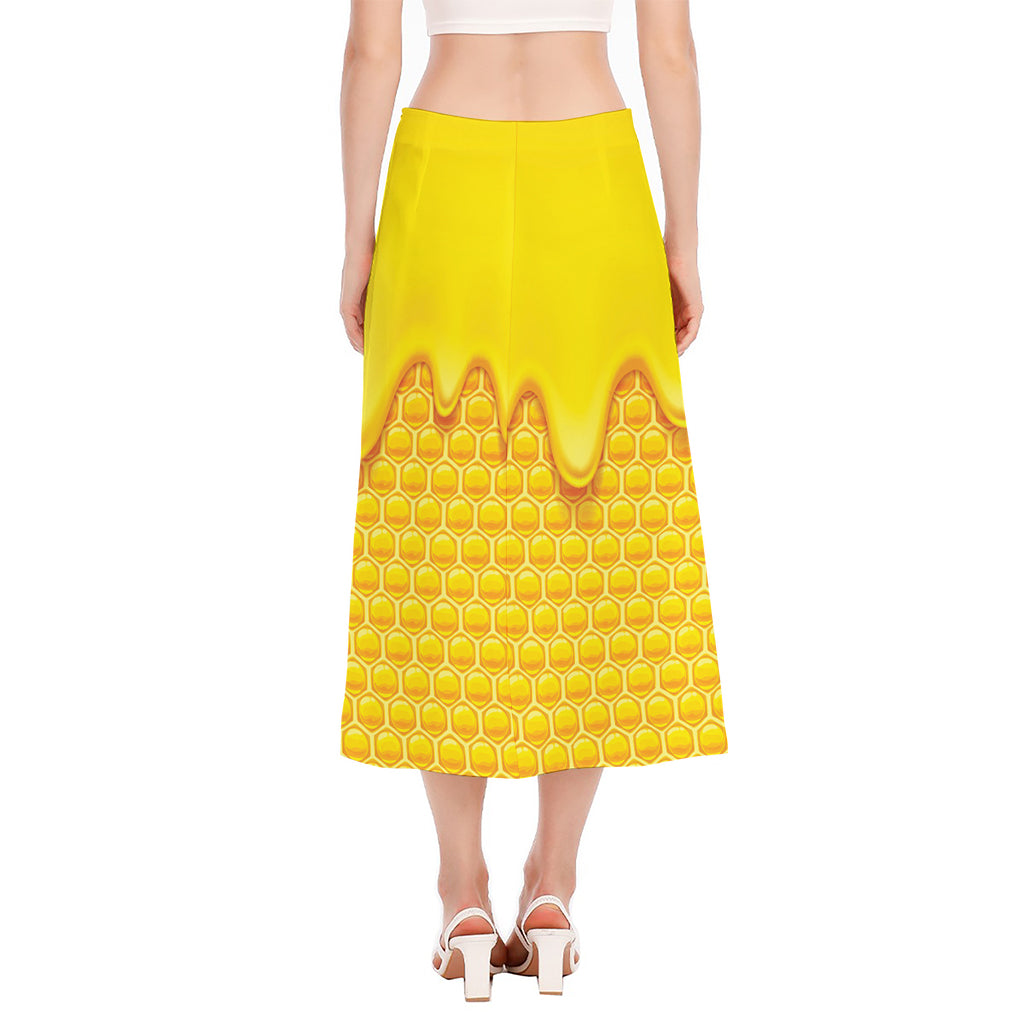 Sweet Honey Honeycomb Print Side Slit Midi Skirt