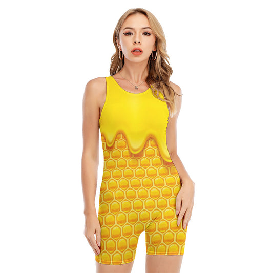 Sweet Honey Honeycomb Print Sleeveless One Piece Swimsuit