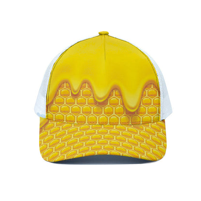 Sweet Honey Honeycomb Print White Mesh Trucker Cap