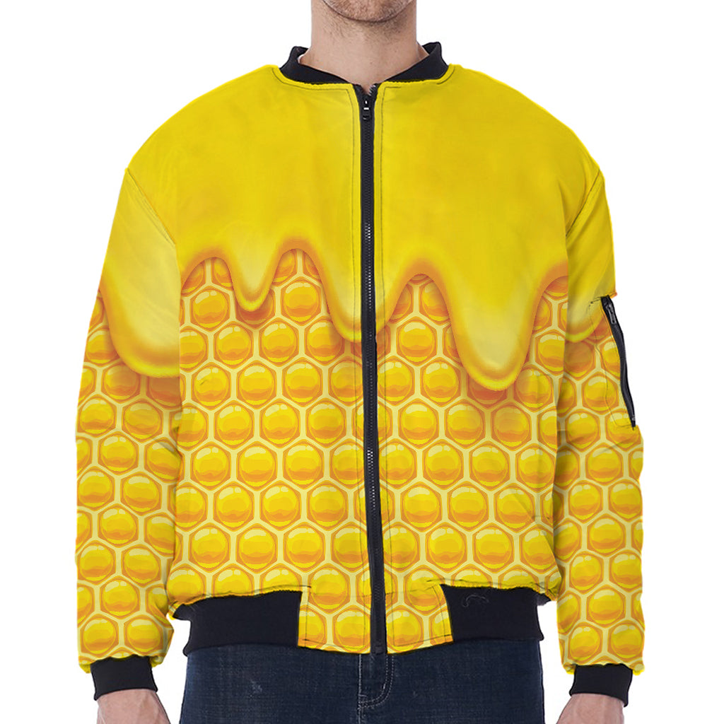 Sweet Honey Honeycomb Print Zip Sleeve Bomber Jacket