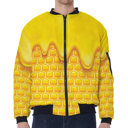 Sweet Honey Honeycomb Print Zip Sleeve Bomber Jacket