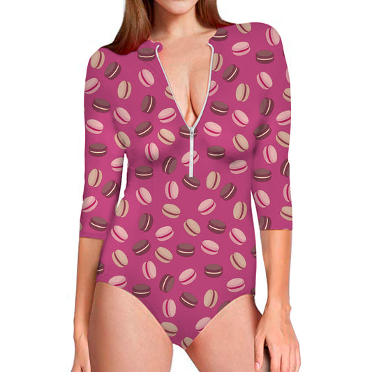 Sweet Macarons Pattern Print Long Sleeve Swimsuit