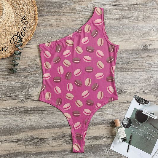 Sweet Macarons Pattern Print One Shoulder Bodysuit