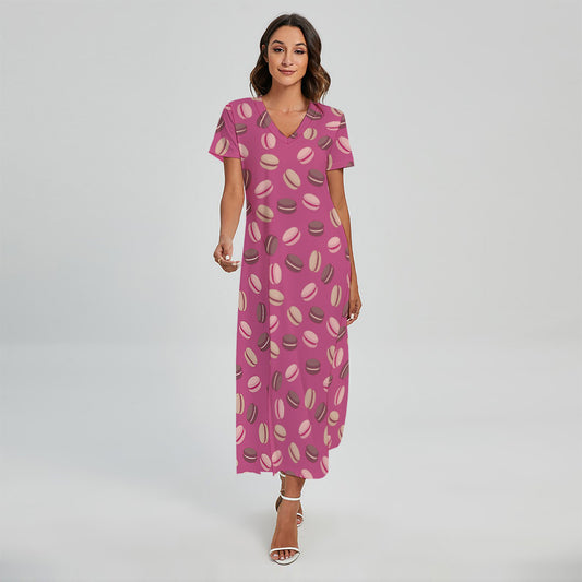 Sweet Macarons Pattern Print Short Sleeve Maxi Dress