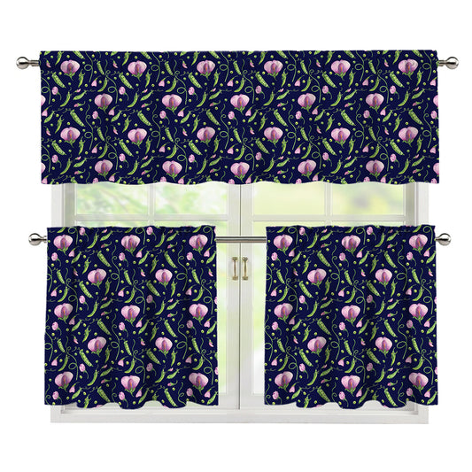 Sweet Pea Floral Pattern Print 3 Piece Kitchen Curtains
