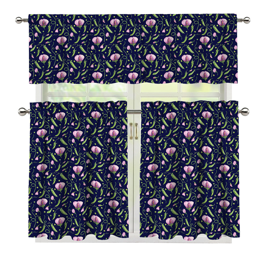 Sweet Pea Floral Pattern Print 3 Piece Kitchen Curtains