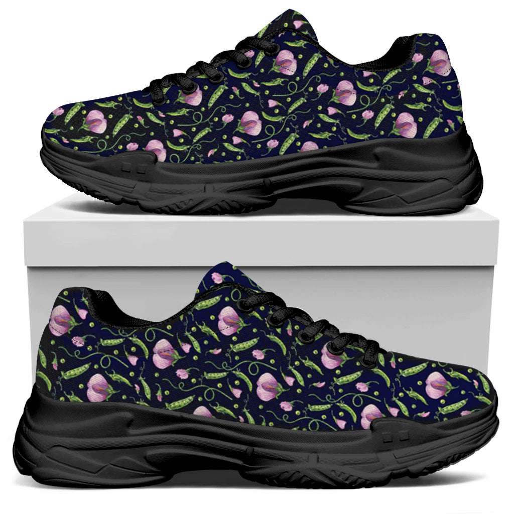 Sweet Pea Floral Pattern Print Black Chunky Shoes