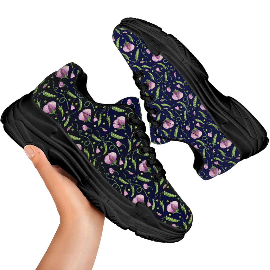 Sweet Pea Floral Pattern Print Black Chunky Shoes