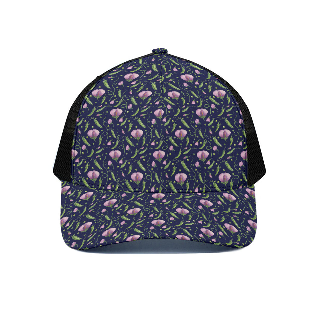 Sweet Pea Floral Pattern Print Black Mesh Trucker Cap