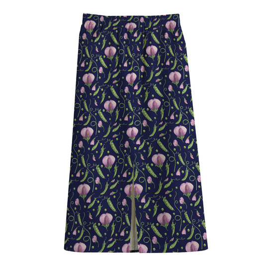 Sweet Pea Floral Pattern Print Cotton Front Slit Maxi Skirt