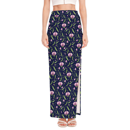 Sweet Pea Floral Pattern Print High Slit Maxi Skirt