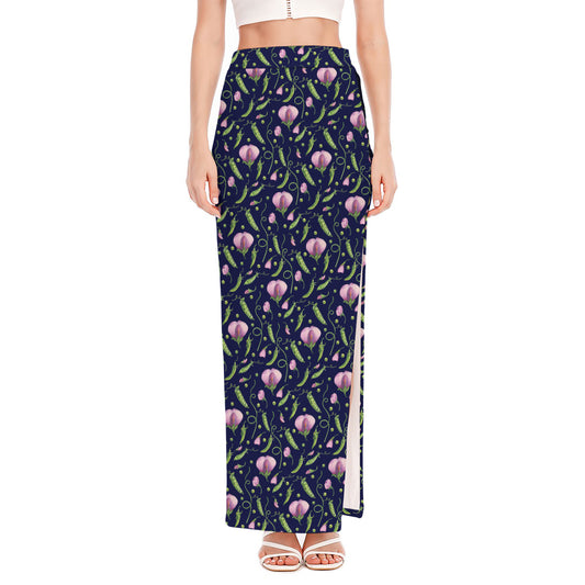 Sweet Pea Floral Pattern Print High Slit Maxi Skirt
