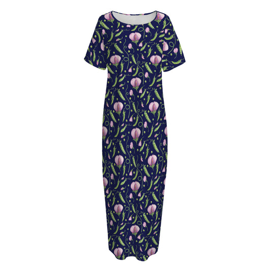 Sweet Pea Floral Pattern Print Short Sleeve Long Nightdress