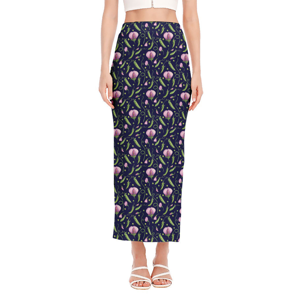 Sweet Pea Floral Pattern Print Side Slit Maxi Skirt