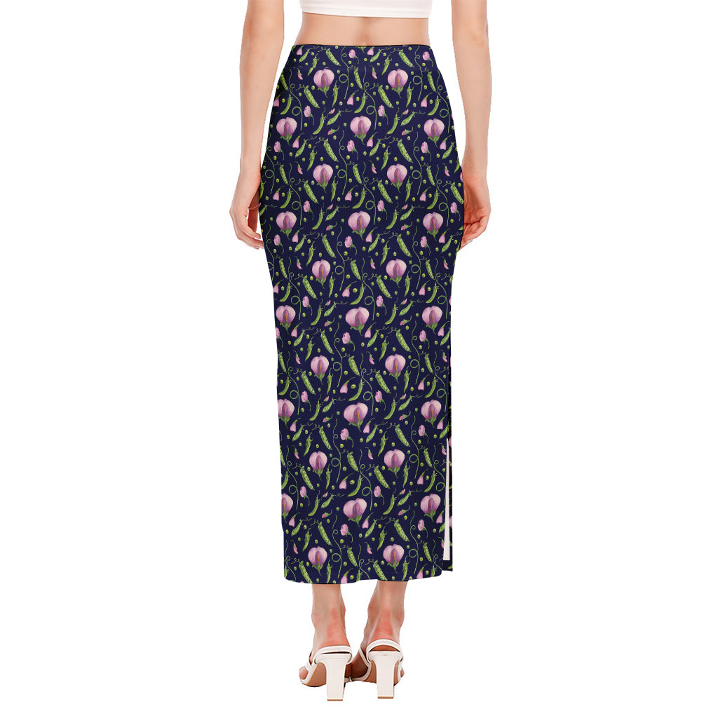 Sweet Pea Floral Pattern Print Side Slit Maxi Skirt