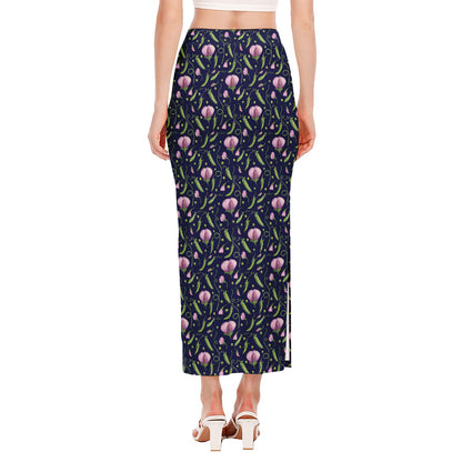 Sweet Pea Floral Pattern Print Side Slit Maxi Skirt
