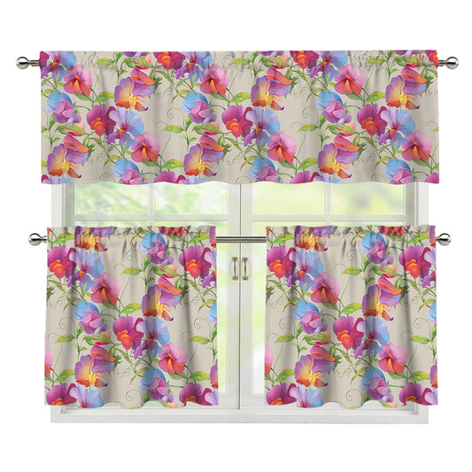 Sweet Pea Flower Pattern Print 3 Piece Kitchen Curtains